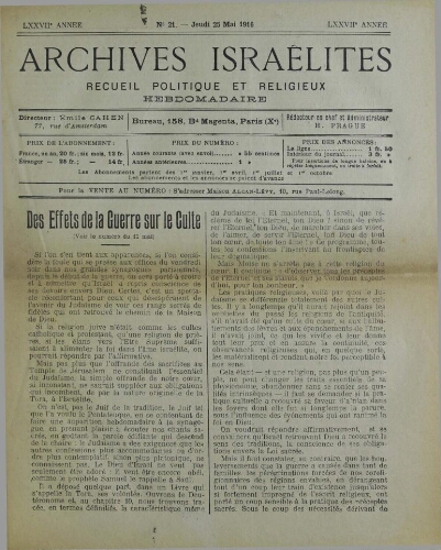 Archives israélites de France. Vol.77 N°21 (25 mai 1916)